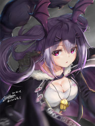 Rule 34 | 1girl, arknights, artist name, bat wings, blush, breasts, cleavage, collarbone, commentary request, dated, duplicate, fur trim, hair ornament, hairclip, head wings, highres, hood, hood down, jewelry, long hair, looking at viewer, manticore (arknights), necklace, open mouth, pixel-perfect duplicate, pointy ears, purple eyes, purple hair, scorpion tail, shirt, signature, solo, tail, twintails, upper body, white shirt, wings, yukinoshiro