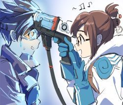 Rule 34 | 2girls, akni, beads, beamed quavers, blue gloves, bodysuit, bomber jacket, brown hair, brown jacket, coat, frozen, fur, glasses, gloves, goggles, gun, gun to head, hair bun, hair ornament, hair stick, hairpin, holding, holding gun, holding weapon, jacket, leather, leather jacket, long sleeves, looking at another, mei (overwatch), multiple girls, musical note, overwatch, overwatch 1, pointing, quaver, short hair, sidelocks, single hair bun, smile, spiked hair, sweatdrop, tracer (overwatch), upper body, weapon, wide-eyed