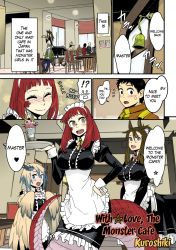 Rule 34 | !?, 3boys, 4girls, apron, artist name, breasts, centaur, colorized, comic, english text, hard-translated, harpy, highres, kurohiko, lamia, large breasts, maid, maid apron, monster girl, multiple boys, multiple girls, original, scales, taur, third-party edit, winged arms, wings