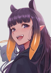 Rule 34 | 1girl, :d, absurdres, black hoodie, blunt bangs, blush, closed eyes, closed mouth, commentary, eyelashes, fang, gradient hair, grey background, halo, highres, hololive, hololive english, hood, hood down, hoodie, kiwwwwwi, long hair, looking at viewer, looking back, mole, mole under eye, multicolored hair, ninomae ina&#039;nis, open mouth, orange hair, pointy ears, purple eyes, purple hair, sidelocks, simple background, smile, solo, takodachi (ninomae ina&#039;nis), teeth, tentacle hair, tongue, upper body, virtual youtuber