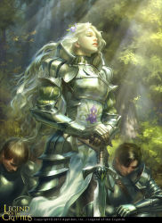 Rule 34 | 1girl, armor, artist name, blonde hair, brown hair, closed eyes, copyright name, copyright notice, curly hair, dated, faceless, faceless male, flower, gloves, hair flower, hair ornament, leaf, legend of the cryptids, long hair, official art, on one knee, solo, solo focus, standing, sword, tatiana kirgetova, teeth, tree, weapon
