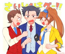 Rule 34 | 1girl, 2boys, ace attorney, antenna hair, apollo justice, athena cykes, black hair, blue eyes, blue jacket, blue necktie, bracelet, brown eyes, brown hair, collared shirt, cropped jacket, formal, gloves, hair ribbon, jacket, jewelry, long hair, long sleeves, mai8484, multiple boys, necklace, necktie, open mouth, orange hair, partially fingerless gloves, phoenix wright, phoenix wright: ace attorney - dual destinies, ponytail, red necktie, red vest, ribbon, rock paper scissors, shirt, short hair, side ponytail, single glove, smile, spiked hair, suit, vest, white shirt, yellow jacket