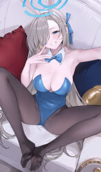 Rule 34 | 1girl, absurdres, animal ear hairband, animal ears, aqua bow, aqua bowtie, aqua leotard, armpits, asuna (blue archive), asuna (bunny) (blue archive), asymmetrical legwear, black pantyhose, blue archive, bow, bowtie, breasts, cleavage, couch, cushion, detached collar, fake animal ears, feet, fingernails, hair over one eye, halo, highres, large breasts, leotard, light brown hair, long hair, looking at viewer, mole, mole on breast, nagata gata, nail polish, no shoes, official alternate costume, on couch, one eye covered, pantyhose, playboy bunny, rabbit ear hairband, rabbit ears, sitting, smile, soles, soles together, solo, spread legs, toes, very long hair