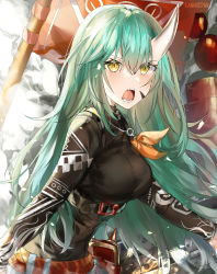 Rule 34 | 1girl, absurdres, arknights, blush, breasts, commentary, fangs, green hair, hair between eyes, highres, horns, hoshiguma (arknights), hoshiguma (ronin huntress) (arknights), kanniiepan, large breasts, long hair, long sleeves, looking at viewer, official alternate costume, open mouth, orange ribbon, ribbon, shirt, single horn, solo, upper body, yellow eyes