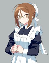 Rule 34 | 1girl, apron, brown eyes, brown hair, bun cover, closed mouth, glasses, grey background, hair bun, kashii kaoru, long sleeves, looking at viewer, mahjong soul, maid, maid apron, own hands together, simple background, sketch, solo, terasaki chihori