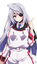 Rule 34 | 1girl, absurdres, ahoge, belt, blush, breasts, eyepatch, grey hair, highres, inaka pan, infinite stratos, jodhpurs, laura bodewig, long hair, long sleeves, looking at viewer, pants, parted lips, red eyes, simple background, small breasts, solo, standing, uniform, white background