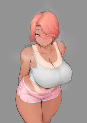 Rule 34 | 1girl, arms behind back, blush, breasts, cleavage, closed mouth, collarbone, dark-skinned female, dark skin, eyes visible through hair, fortune (last origin), grey background, hair over one eye, highres, huge breasts, last origin, looking at viewer, midriff, moebell, mole, mole on breast, navel, one-piece tan, red eyes, red hair, short hair, short shorts, shorts, simple background, solo, standing, steaming body, tan, tank top, tanline