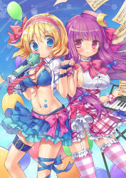 Rule 34 | 2girls, :t, alice margatroid, alternate costume, bikini, bikini top only, blonde hair, blue eyes, blush, bow, crescent, crescent hair ornament, garter straps, hair bow, hair ornament, hat, idol, instrument, keyboard (instrument), microphone, multiple girls, navel, patchouli knowledge, pout, purple eyes, purple hair, sheet music, silveroid, striped clothes, striped legwear, striped thighhighs, swimsuit, thigh strap, thighhighs, touhou