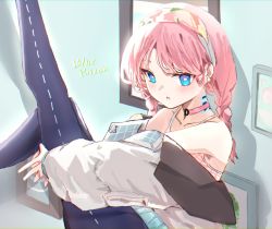 Rule 34 | 1girl, arknights, blue eyes, blue pants, blue poison (arknights), blue poison (shoal beat) (arknights), braid, character name, choker, collarbone, commentary, ear piercing, feet out of frame, hairband, highres, horn/wood, jacket, legs up, long hair, looking at viewer, o-ring, o-ring choker, official alternate costume, open mouth, pants, picture frame, piercing, pink choker, scales, sitting, solo, sports bra, symbol-only commentary, twin braids, white jacket, white sports bra