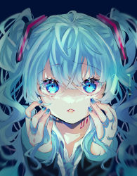 Rule 34 | 1girl, aqua eyes, aqua hair, aqua nails, black background, black sleeves, collarbone, commentary, hair ornament, hands on own cheeks, hands on own face, hatsune miku, headset, highres, holding, holding hair, leaning forward, lips, long hair, looking at viewer, mobukyara (mobumobu0817), nail polish, neck tattoo, necktie, parted lips, red pupils, shirt, solo, tattoo, twintails, upper body, vocaloid, white shirt