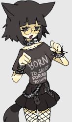 Rule 34 | 1girl, animal ears, black shirt, black skirt, bracelet, brown eyes, chain, choker, clothes writing, cowboy shot, english text, fang, female focus, fishnet legwear, fishnets, glasses, goth fashion, gothic, hands up, highres, jewelry, open mouth, original, print shirt, profanity, round eyewear, shirt, shirt tucked in, short sleeves, simple background, skin fang, skirt, snale, solo, spiked bracelet, spiked choker, spikes, standing, tail, tears, white background