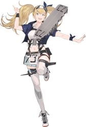 Rule 34 | 1girl, akira (kadokawa), belt, blonde hair, blue eyes, breast pocket, breasts, collared shirt, flight deck, full body, gambier bay (kancolle), gambier bay mk ii (kancolle), hairband, kantai collection, large breasts, official art, pocket, shirt, smile, thighhighs, transparent background, twintails, white thighhighs