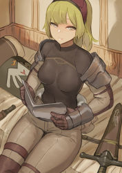 Rule 34 | 1girl, arm guards, armor, bed, bed sheet, blonde hair, breastplate, breasts, brown pants, closed mouth, covered navel, grey eyes, hairband, highres, indoors, long hair, looking at viewer, on bed, original, pants, pauldrons, pillow, red hairband, sheath, sheathed, shield, shirt, shoulder armor, sitting, small breasts, smile, solo, sword, taut clothes, taut shirt, thigh strap, undressing, vambraces, virgosdf, weapon