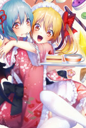 Rule 34 | 2girls, alternate costume, arms around neck, asagi yuna, asymmetrical hair, asymmetrical wings, bad id, bad pixiv id, bat wings, blonde hair, blurry, blush, bow, cake, cake slice, cup, depth of field, eating, enmaided, flandre scarlet, food, food on face, fork, fruit, hair bow, hair ribbon, highres, japanese clothes, kimono, light purple hair, looking at viewer, macaron, maid, maid headdress, mouth hold, multiple girls, open mouth, red eyes, remilia scarlet, ribbon, short hair, short kimono, siblings, side ponytail, sisters, sitting, sitting on lap, sitting on person, strawberry, strawberry shortcake, tea, teacup, touhou, white legwear, wide sleeves, wings