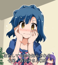 Rule 34 | 2girls, ahoge, blue hair, blue shirt, blush, breasts, checkered clothes, collarbone, commentary request, embarrassed, faceless, flying sweatdrops, hair between eyes, hands on own cheeks, hands on own face, hood, hoodie, idolmaster, idolmaster million live!, looking at viewer, mochizuki anna, multiple girls, nanao yuriko, pink hoodie, puffy short sleeves, puffy sleeves, purple hair, shirt, short hair, short sleeves, simple background, small breasts, train 90, translation request, wavy mouth, yellow eyes