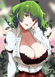 Rule 34 | 1girl, breasts, center frills, cleavage, collared shirt, commentary request, frilled shirt, frills, green hair, highres, kazami yuuka, large breasts, leaf, lips, long sleeves, mattari yufi, medium bangs, open clothes, open mouth, open shirt, plaid, plaid skirt, plant, red eyes, red skirt, shirt, short hair, skirt, solo, touhou, white shirt