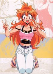 Rule 34 | 1990s (style), 1girl, araizumi rui, armpits, belt, blush, breasts, casual, cleavage, crop top, denim, feet, headband, jeans, kneeling, lina inverse, long hair, midriff, nail polish, navel, off shoulder, one-piece swimsuit, orange hair, pants, pink nails, red eyes, red hair, retro artstyle, sandals, slayers, solo, swimsuit, tank top, toenail polish, toenails, v