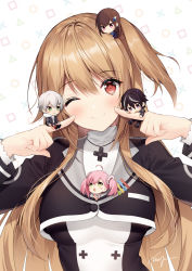 Rule 34 | 2boys, 3girls, ahoge, artist name, blonde hair, blush, braid, breasts, brown hair, chibi, chibi on head, cocoa music, commentary request, cross, cross necklace, d-pad, doumyouji cocoa, doumyouji haruto, fingers to cheeks, game club project, green eyes, grey hair, hair ornament, hairclip, head tilt, index finger raised, jewelry, kazami ryou, long hair, looking at viewer, medium breasts, multicolored hair, multiple boys, multiple girls, necklace, necomi, on head, one eye closed, one side up, pink hair, purple eyes, red eyes, sakuragi miria, sitting, smile, solo focus, streaked hair, twintails, upper body, virtual youtuber, wavy mouth, yumesaki kaede (game club project)