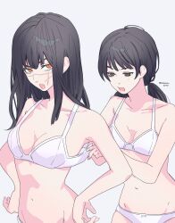 Rule 34 | 2girls, black hair, brown eyes, chainsaw man, cross scar, dressing another, facial scar, grey background, highres, long hair, looking at another, looking to the side, mitaka asa, multiple girls, open mouth, red eyes, ringed eyes, scar, scar on cheek, scar on face, simple background, twintails, twitter username, valentine (02140314c), yoru (chainsaw man)