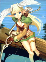 Rule 34 | 1girl, absurdres, arrow (projectile), barefoot, belt, blonde hair, blue eyes, bow (weapon), breasts, choker, cleavage, day, elf, elwing, feathers, feet, from above, full body, gloves, hair between eyes, head wings, highres, holding, holding bow (weapon), holding weapon, in tree, leaning to the side, legs together, long hair, midriff, miniskirt, narrow waist, outdoors, pencil skirt, pointy ears, quiver, scan, sega, shining (series), shining tears, single glove, sitting, sitting in tree, skirt, solo, thigh strap, toes, tony taka, tree, water, weapon, white feathers, wings