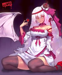 Rule 34 | 1girl, artist name, bad id, bad pixiv id, bare shoulders, black thighhighs, breasts, cleavage, cup, demon girl, demon wings, detached sleeves, dress, drinking glass, earrings, female focus, frilled dress, frills, gradient background, hair ornament, hairband, jewelry, jjune, large breasts, long hair, long sleeves, nail polish, original, red eyes, silver hair, sitting, solo, thighhighs, vampire, very long hair, white dress, wide sleeves, wine glass, wings, zettai ryouiki