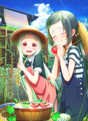 Rule 34 | 2girls, :d, :t, ^ ^, aiuabo, albino, apron, black hair, blush, bucket, closed eyes, cloud, collared shirt, commentary request, contrail, cucumber, day, food, food-themed hair ornament, fruit, garden, gloves, hair ornament, hairpin, hat, highres, holding, holding food, holding vegetable, hose, lens flare, long hair, md5 mismatch, multiple girls, no bangs, open mouth, original, outdoors, overalls, pink apron, plant, power lines, red eyes, resolution mismatch, shirt, short sleeves, smile, source larger, straw hat, striped clothes, striped shirt, tomato, tomato hair ornament, twintails, unworn gloves, vegetable, very long hair, white gloves, white hair, wooden bucket