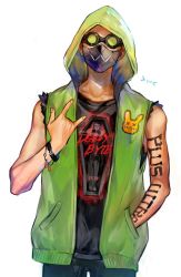 Rule 34 | 1boy, \m/, apex legends, arm tattoo, bad id, bad pixiv id, black shirt, bracelet, crypto (apex legends), deadly byte crypto, goggles, green hoodie, hand in pocket, hood, hoodie, jewelry, kawaniwa, looking at viewer, male focus, mask, mouth mask, octane (apex legends), shirt, sleeveless, sleeveless hoodie, sleeveless shirt, solo, tattoo, white background