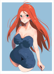 Rule 34 | 1girl, :&gt;, ahoge, arms at sides, bare shoulders, blue background, blue dress, blush, breasts, cleavage, closed mouth, cropped legs, dress, earrings, female focus, floating hair, ghost sweeper mikami, green eyes, jewelry, large breasts, legs, long hair, looking at viewer, mattai (38myyyy), mikami reiko, nose blush, red hair, simple background, smile, solo, strapless, strapless dress, thighs