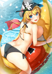 Rule 34 | 10s, 1girl, :d, anchor hair ornament, ass, b-ginga, banana boat, bare shoulders, bikini, black bikini, blonde hair, blue eyes, blurry, bracelet, breasts, butt crack, camera, depth of field, from above, hair ornament, hair ribbon, hat, jewelry, kantai collection, kickboard, large breasts, looking back, looking up, low twintails, lying, on stomach, open mouth, outdoors, peaked cap, prinz eugen (kancolle), ribbon, side-tie bikini bottom, sideboob, smile, solo, swimsuit, thighhighs, trefoil, twintails, untied bikini, wet