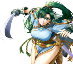 Rule 34 | 1girl, asymmetrical bangs, black gloves, blue dress, blurry, blurry background, boots, braid, breasts, brown footwear, closed mouth, commentary request, delsaber, dress, eyelashes, female focus, fingerless gloves, fire emblem, fire emblem: the blazing blade, gloves, gold trim, green eyes, green hair, hair between eyes, hair ornament, high ponytail, highleg, holding, holding sword, holding weapon, incoming attack, katana, knee boots, large breasts, leaning forward, long hair, looking at viewer, lyn (fire emblem), matching hair/eyes, nintendo, serious, sheath, simple background, solo, sword, thighs, weapon, white background