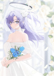 Rule 34 | 1girl, bechu, blue archive, blue butterfly, blue eyes, blue flower, blue rose, blurry, blurry background, blush, breasts, bridal veil, bug, butter, butterfly, choker, cleavage, dress, flower, food, hair between eyes, hair flower, hair ornament, halo, highres, holding, holding flower, insect, long hair, looking at viewer, medium breasts, petals, purple eyes, purple hair, rose, solo, strapless, strapless dress, two side up, veil, wedding dress, white choker, white dress, white flower, white rose, yuuka (blue archive)