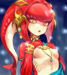 Rule 34 | 1girl, artist request, breasts, colored skin, fish girl, gills, jewelry, lipstick, makeup, mipha, monster girl, necklace, nintendo, nipples, red skin, small breasts, the legend of zelda, the legend of zelda: breath of the wild, yellow eyes, zora