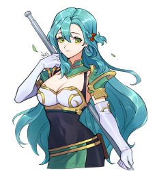 Rule 34 | 1girl, aqua hair, armor, breastplate, breasts, chloe (fire emblem), cleavage, commentary, covered navel, elbow gloves, fire emblem, fire emblem engage, gloves, green eyes, hair between eyes, hand up, holding, holding weapon, large breasts, long hair, looking at viewer, nintendo, shoulder armor, silvercandy gum, simple background, solo, very long hair, weapon, white background, white gloves