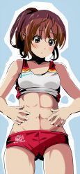 Rule 34 | 1girl, abs, bare arms, bare shoulders, blush, brown eyes, brown hair, buruma, commentary request, cowboy shot, gluteal fold, looking at viewer, lowres, midriff, okuba, original, pointy ears, ponytail, simple background, skindentation, solo, standing, thigh gap, thighs, toned, track and field, track uniform
