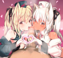 Rule 34 | 1boy, 2girls, animal ears, bare shoulders, blonde hair, blush, cat ears, cat girl, censored, commentary request, cooperative fellatio, copyright request, fellatio, ffm threesome, group sex, heart, heart hands, heart hands duo, licking, licking penis, long sleeves, looking at viewer, mosaic censoring, multiple girls, open mouth, oral, paid reward available, penis, red eyes, shimada fumikane, tan, threesome, tongue, tongue out, white hair