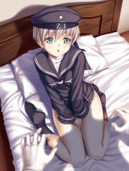 Rule 34 | 10s, 1girl, :o, bed, bed sheet, beret, between legs, black dress, black hat, black socks, blue eyes, blurry, blush, breasts, character name, clothes writing, covering crotch, covering privates, depth of field, dress, from above, gloves, hand between legs, hat, highres, kantai collection, kneehighs, knees together feet apart, kukuri (ahagon), legs, long sleeves, looking up, no shoes, on bed, open mouth, pillow, pov, sailor dress, shadow, short dress, short hair, silver hair, sitting, small breasts, socks, solo focus, sweat, tareme, wariza, white gloves, z1 leberecht maass (kancolle)