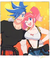 Rule 34 | 1boy, 1girl, ;), aina ardebit, arm around shoulder, black border, black shirt, blue eyes, blue hair, border, eyes visible through hair, galo thymos, gloves, gradient background, one eye closed, open mouth, patterned background, pink hair, ponytail, pouch, promare, sagemaru-br, shirt, short shorts, shorts, smile, spiked hair, suspenders, white gloves