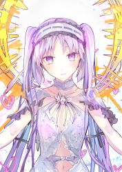 Rule 34 | 1girl, absurdres, clothing cutout, collarbone, commentary request, dress, fate/grand order, fate/hollow ataraxia, fate (series), flower, frilled hairband, frills, hairband, head tilt, heart, highres, long hair, looking at viewer, navel, navel cutout, purple eyes, purple hair, ribbon, ribbon-trimmed hairband, ribbon trim, sleeveless, sleeveless dress, smile, solo, stheno (fate), tomozero, twintails, very long hair, white dress, white flower, white hairband, white ribbon