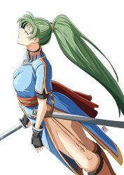 Rule 34 | 1girl, artist logo, ass, automatic giraffe, black gloves, blue dress, boots, breasts, brown footwear, dated, dress, dutch angle, fingerless gloves, fire emblem, fire emblem: the blazing blade, gloves, green eyes, green hair, highres, holding, holding sword, holding weapon, long hair, looking up, lyn (fire emblem), medium breasts, nintendo, pelvic curtain, ponytail, sheath, simple background, solo, sword, weapon, white background