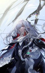 Rule 34 | 1girl, arknights, ascot, black gloves, commentary, earrings, eyes visible through hair, floating hair, frilled sleeves, frills, gladiia (arknights), gladiia (return) (arknights), gloves, grey hair, hair over one eye, highres, jewelry, ka shou yu jiu, long hair, necklace, official alternate costume, parted lips, pearl necklace, pointy ears, red eyes, solo, white ascot