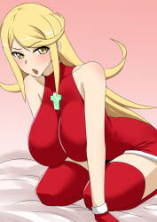 Rule 34 | 1girl, alternate costume, bare shoulders, bed, blonde hair, blush, breasts, christmas, christmas dress, cleavage, cleavage cutout, clothing cutout, dress, earrings, elbow gloves, gem, gloves, gradient background, hair ornament, headpiece, jewelry, large breasts, long hair, looking at viewer, mythra (xenoblade), open mouth, pink background, red dress, sitting, solo, thighhighs, tiara, tsundere, very long hair, xenoblade chronicles (series), xenoblade chronicles 2, yellow eyes