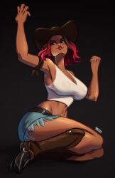 Rule 34 | 1girl, arm up, artist name, boots, breasts, brown eyes, brown footwear, brown hat, calamity (fortnite), clenched hand, commentary, cowboy boots, cowboy hat, crop top, dark-skinned female, dark skin, denim, denim skirt, detached sleeves, english commentary, fortnite, full body, hat, highres, knee boots, large breasts, legs together, looking up, magaska, medium hair, midriff, miniskirt, navel, no bra, on floor, pink hair, pink lips, skirt, solo, tank top, thick eyebrows, toned, v-neck, white tank top