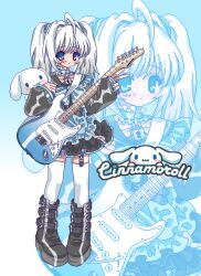 Rule 34 | 1boy, 1girl, ahoge, amnyuixx, black dress, black footwear, black sleeves, blue dress, blue eyes, blue nails, blush, boots, character name, cinnamoroll, closed mouth, creature and personification, dress, dual persona, full body, genderswap, genderswap (mtf), guitar, highres, holding, holding instrument, instrument, multicolored clothes, multicolored dress, personification, pixel art, sanrio, thighhighs, twintails, v, white hair, white thighhighs