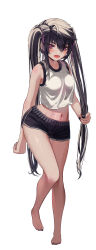 Rule 34 | 1girl, absurdres, ahoge, arm at side, barefoot, black hair, black shorts, breasts, collarbone, commentary request, feet, full body, hair between eyes, highres, long hair, looking at viewer, medium breasts, nail polish, navel, open mouth, original, priite hari (torriet), revision, short shorts, shorts, solo, standing, tank top, teeth, toes, torriet, twintails, upper teeth only, very long hair, white background, white tank top