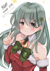 Rule 34 | 1girl, 9610 (kuroto), aqua eyes, aqua hair, bare shoulders, blush, breasts, christmas tree hair ornament, cleavage, dress, fur-trimmed dress, fur trim, hair ornament, hairclip, highres, kantai collection, large breasts, long hair, looking at viewer, official alternate costume, red dress, santa dress, smile, solo, suzuya (kancolle), upper body