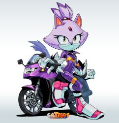 Rule 34 | 1girl, animal ears, blaze the cat, cat ears, cat girl, cat tail, eyelashes, forehead jewel, full-length zipper, fur-trimmed gloves, fur trim, furry, furry female, gloves, highres, jumpsuit, leaning against motorcycle, looking at viewer, motor vehicle, motorcycle, pink footwear, ponytail, purple fur, satierf, simple background, sonic (series), sonic riders, standing, standing on one leg, tail, white gloves, yellow eyes, zipper, zipper pull tab