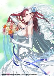 Rule 34 | 00s, 10s, 1girl, bare shoulders, bouquet, breasts, bridal veil, cowboy shot, dress, elbow gloves, flower, gloves, honjou raita, jewelry, large breasts, long hair, looking at viewer, multicolored hair, necklace, official art, pearl necklace, red eyes, red hair, riela marcellis, senjou no valkyria, senjou no valkyria (series), senjou no valkyria 3, sideboob, silver hair, smile, solo, tiara, veil, very long hair, watermark, wedding dress