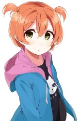 Rule 34 | 10s, 1girl, alternate hairstyle, bad id, bad pixiv id, eyebrows, hair between eyes, hood, hoodie, hoshizora rin, looking at viewer, love live!, love live! school idol project, orange hair, short hair, short twintails, simple background, solo, totoki86, twintails, white background, yellow eyes