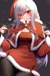 Rule 34 | 1girl, absurdres, bell, black pantyhose, blush, breasts, capelet, christmas, cleavage, closed mouth, commentary request, hair between eyes, hair ornament, hairclip, hat, highres, long sleeves, looking at viewer, md5 mismatch, medium breasts, moti yousei, original, pantyhose, red capelet, red eyes, red hat, resolution mismatch, santa hat, solo, source larger, white hair