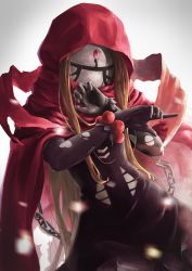 Rule 34 | 1girl, absurdres, artist request, black dress, black gloves, blonde hair, chain, cloak, commentary request, dress, elbow gloves, evileye (overlord), gem, gloves, hair between eyes, highres, hood, hood up, hooded cloak, long hair, mask, overlord (maruyama), red cloak, solo
